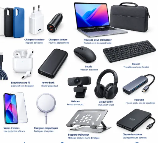 Chargeurs, écouteurs sans fil, batterie externe, clavier, souris et housses d'ordinateur