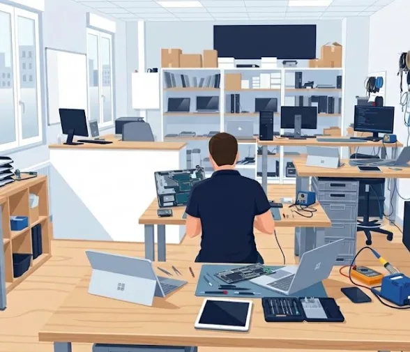 Technicien Hoplatech en atelier, entouré d'ordinateurs portables, tablettes et postes fixes en cours de maintenance