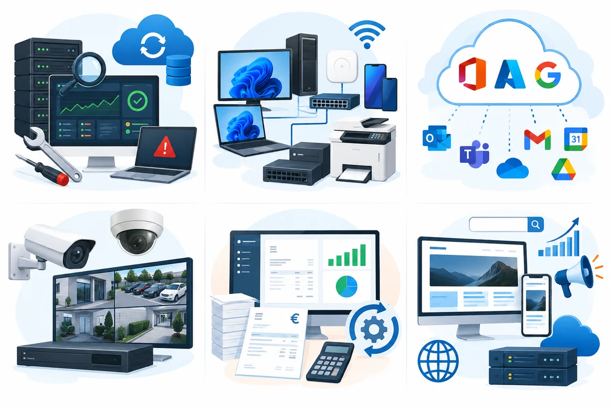 Les six domaines d'intervention pour les entreprises : supervision et maintenance, équipement informatique, cloud et messagerie, vidéosurveillance, logiciel de gestion et facturation, sites internet et référencement